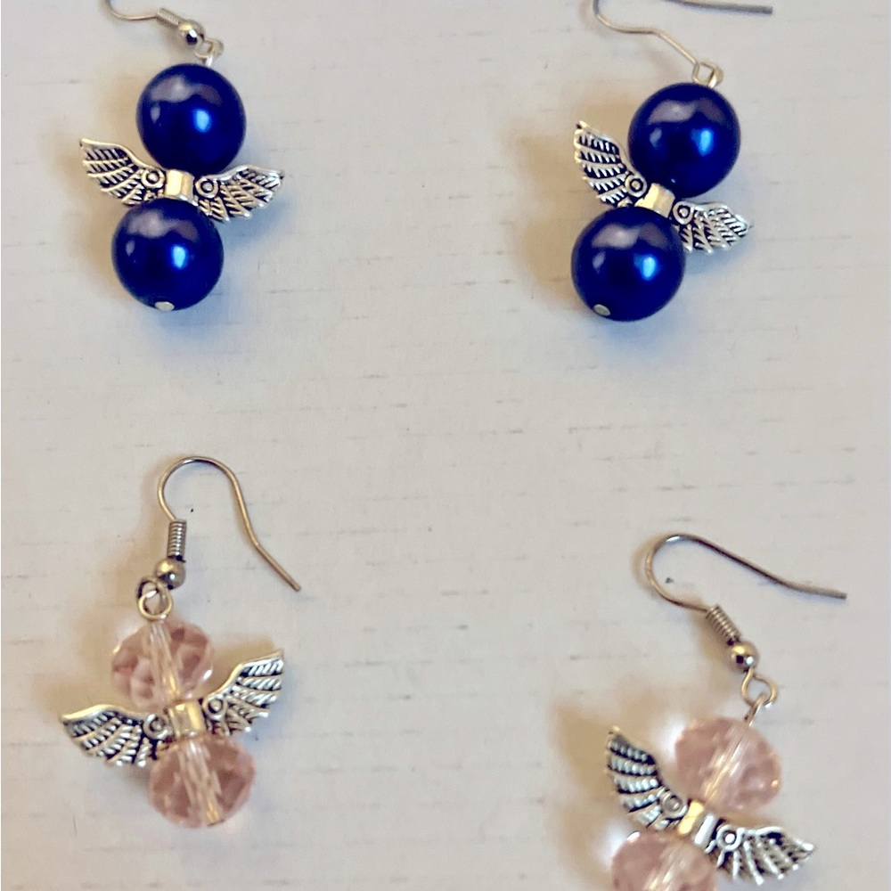 Earrings with angel wings, blue and yellow